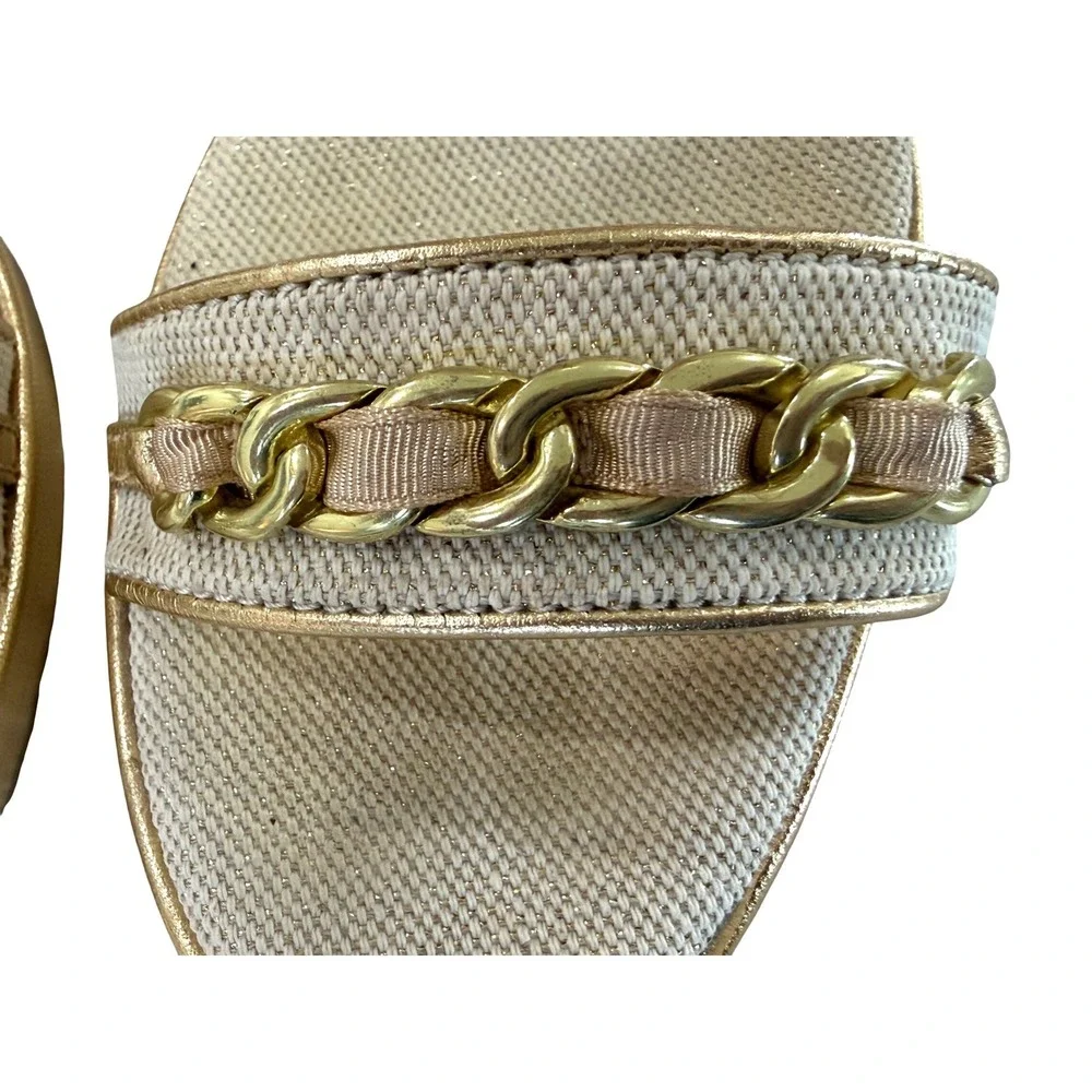 Coach Floral Cork Wedge Sandals‎ Gold Leather Chain Accent Ankle Strap Size 8B